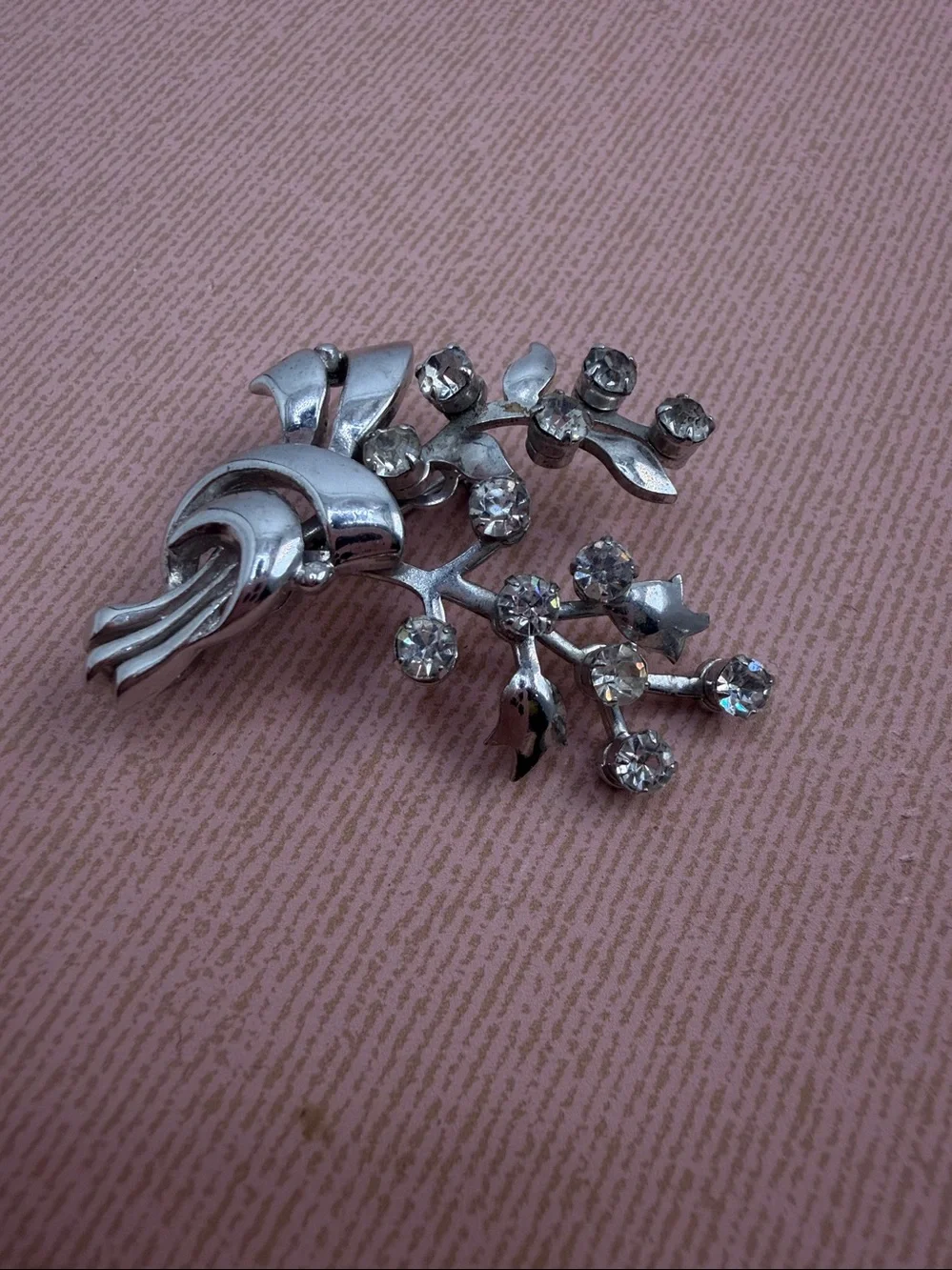 Vintage Karu‎ Rhinestone Floral Spray Brooch Silver Tone Bouquet Pin Mid Century